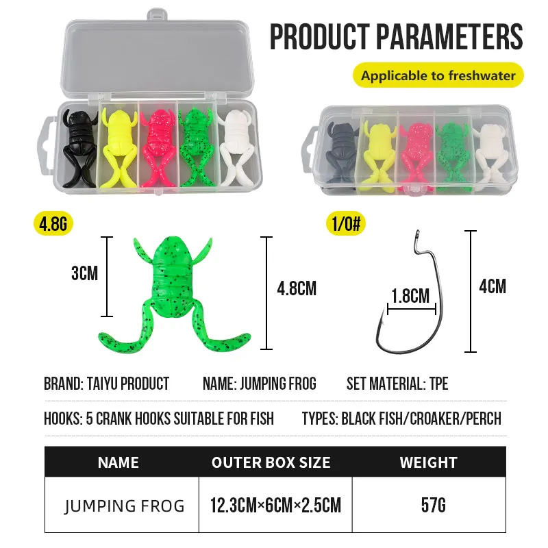 TAIYU 5 unids/set Kit de Señuelos de Pesca de Rana 5g patadas saltar agua rana Topwater señuelo suave agua salada aparejos de pesca de agua dulce - imagen 5