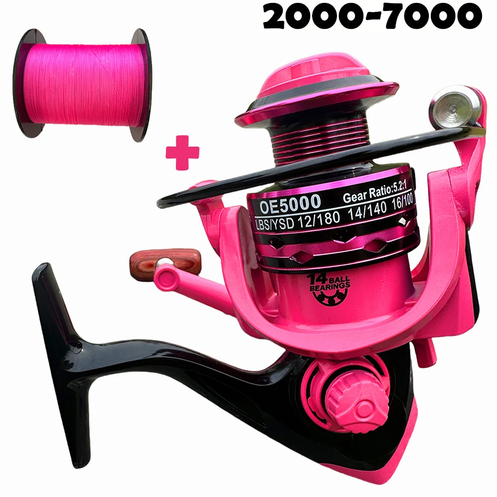 Carrete de pesca giratorio 2000-7000, 5,2: 1, copa de línea de Metal, carrete de pesca de carpa con línea, aparejos de mar, intercambiable izquierda y derecha