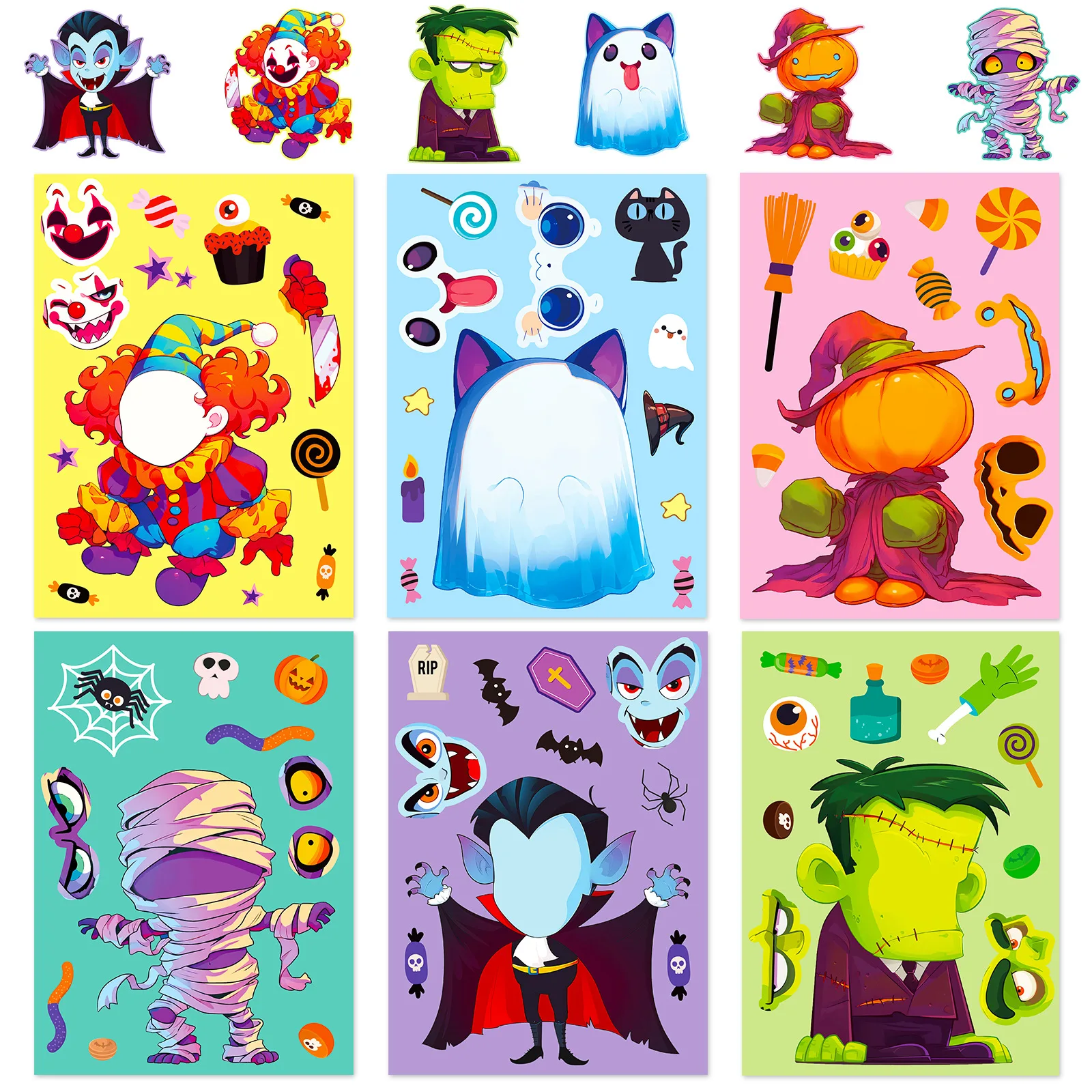 6 hojas de rompecabezas DIY de Halloween, juegos de pegatinas, 6 momia de vampiro, hacer una cara, pegatinas divertidas para montar, juguetes educativos para niños - imagen 5