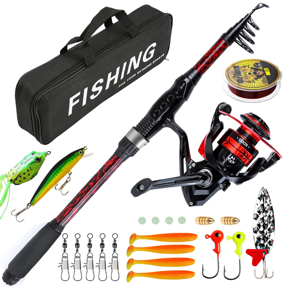 Kit de pesca: caña fibra carbono 1,8m carrete y mochila camuflaje