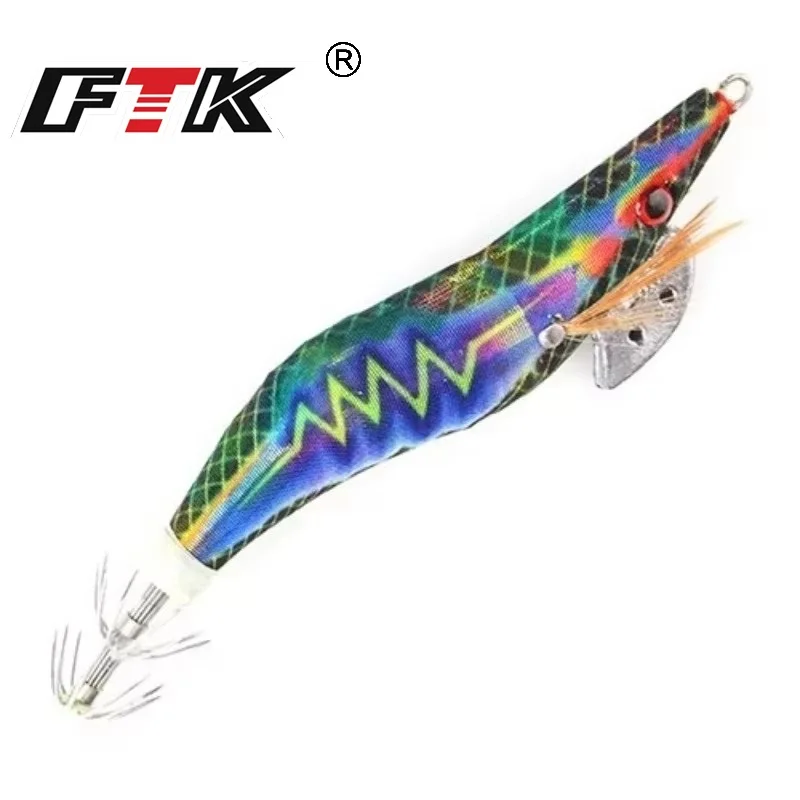 FTK 8g 12g 15g 19g plantilla de calamar señuelo de pesca de mar camarones de madera ojos 3D luminosos anzuelo de calamar Jigging pulpo cebo Artificial duro