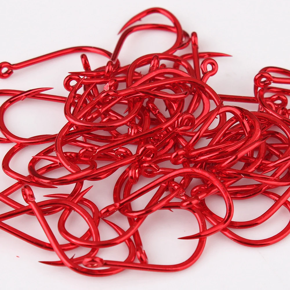 FTK 50-100 piezas de anzuelo de pesca dorado de acero rico en carbono 1 # -12 #   Anzuelo de púas con anzuelos rojos con ojo anillado para aparejos de pesca de carpa