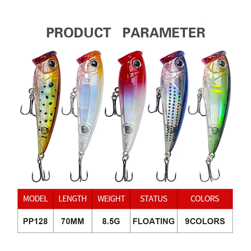 Señuelos de pesca flotantes Popper Wobbler Topwater, cebo duro Artificial Jerkbait, accesorios de pesca de agua de mar, lubina PP128, 7cm, 8,5g - imagen 4