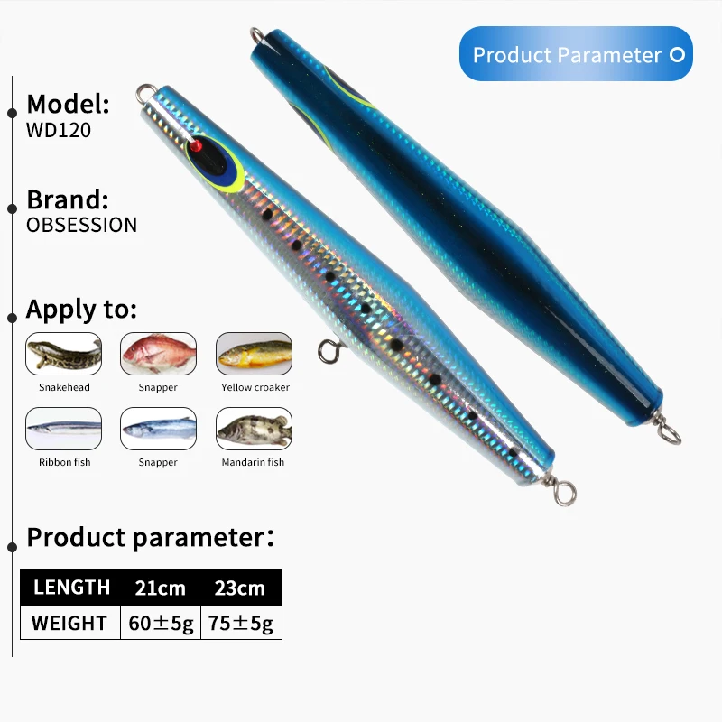 OBSESSION WD120 60g/21cm 75g/23cm gran juego Trolling madera GT Popper cebo de fundición larga señuelo de carpintero brillo de agua salada señuelos de madera - imagen 4
