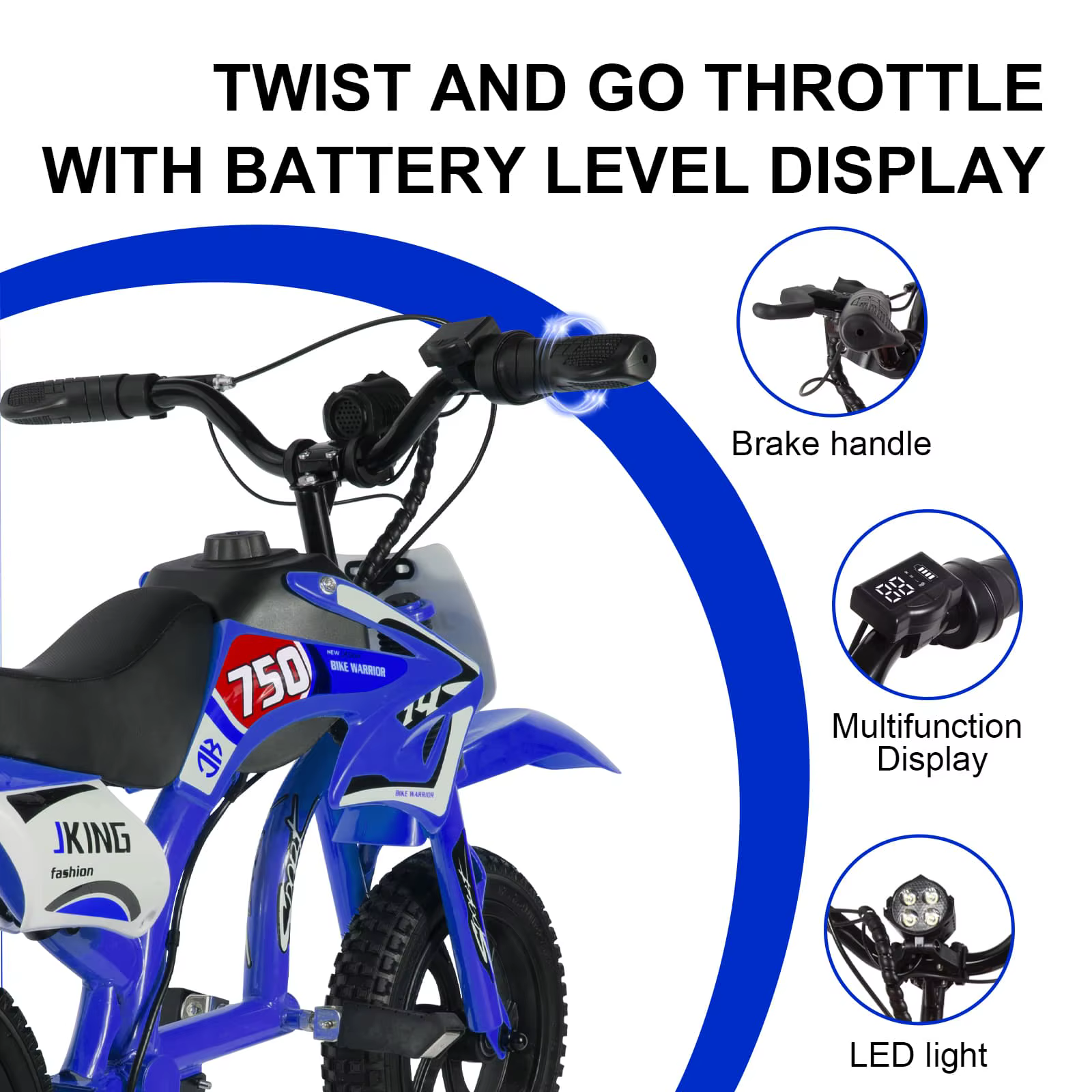 Vista lateral de la moto infantil JKING en azul