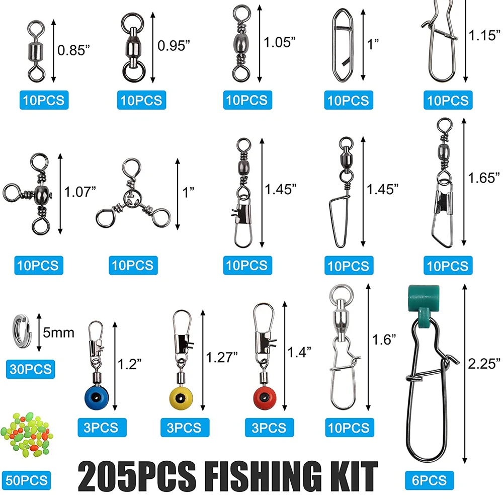 Kit de accesorios de pesca, caja de aparejos de pesca con rodamiento de bolas, giratorio a presión, deslizador de plomo giratorio de 3 vías, Clips de cambio rápido, 205 Uds. - imagen 2