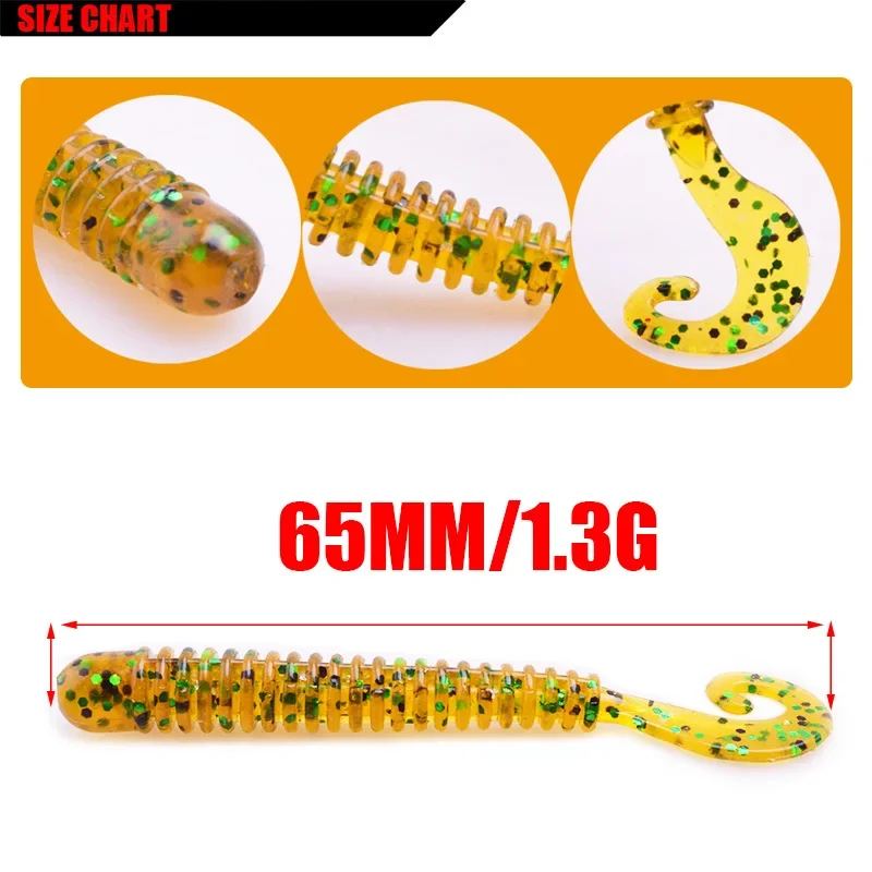 10 Uds 6cm 1,3g gusanos cebo suave Jig Wobbler señuelo de pesca sabor a camarón cebo de silicona Artificial pesca cola en espiral Swimbaits - imagen 3