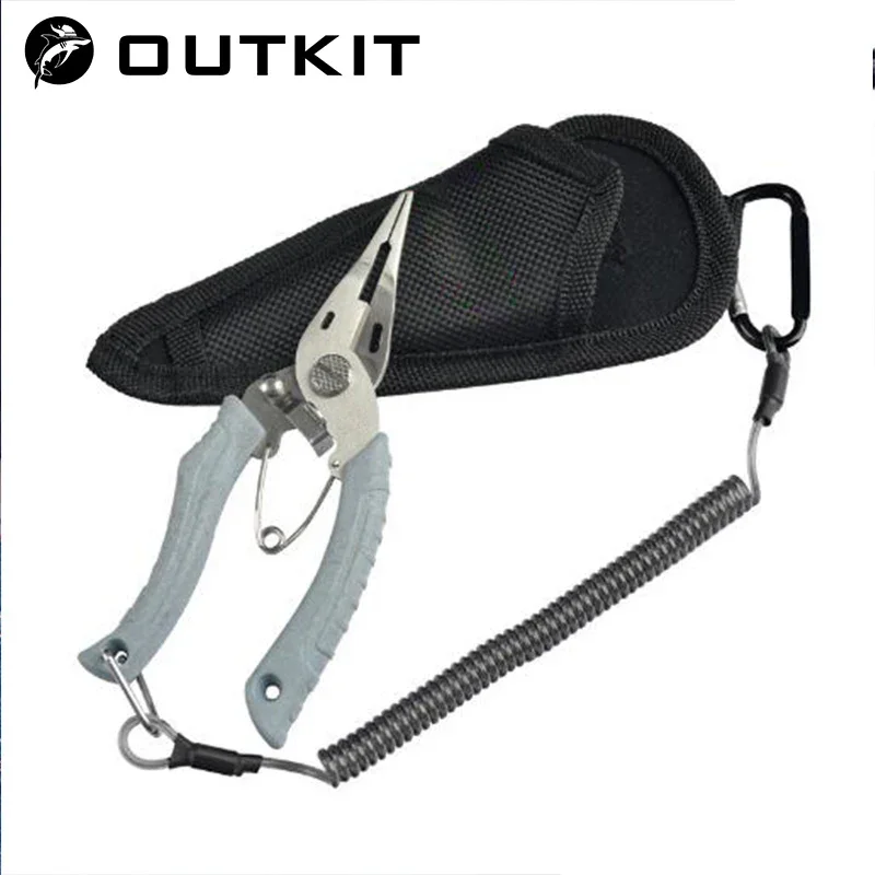 OUTKIT-Alicates de pesca multifuncionales, cortador de línea, removedor de anzuelos, tijeras de acero inoxidable, accesorios de abrazadera de pesca, cuerda de resorte