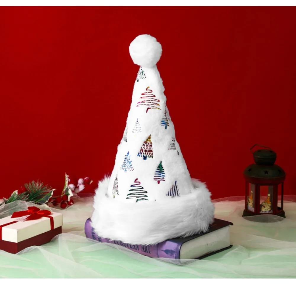 Gorro de Navidad de felpa de Color con estampado en caliente, gorra de tela estampada con patrón de árbol pequeño, suministros de fiesta de Navidad Súper suaves - imagen 4