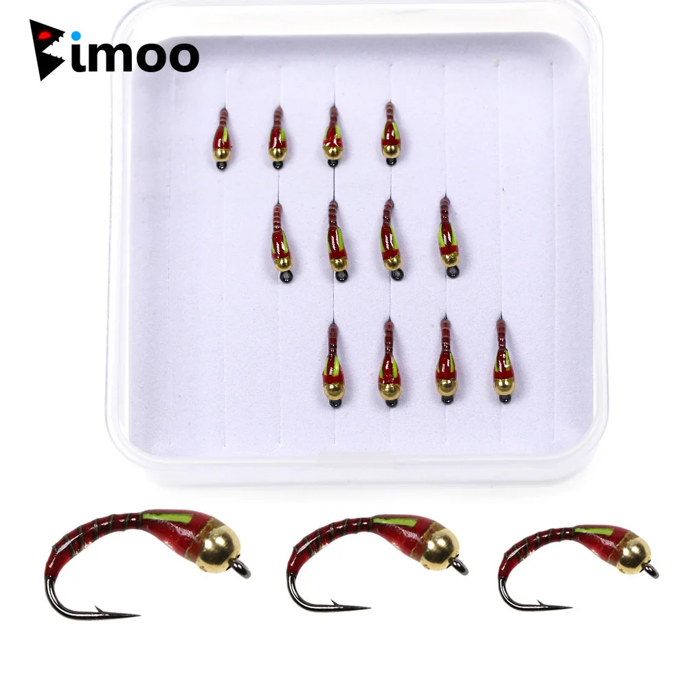Bimoo-Buzzer de epoxi para pesca en hielo, cabeza de cuentas de latón para pesca con mosca, ninfa, trucha, Carppie, bluelill, 12 unids/caja, 10 #12 #14 #