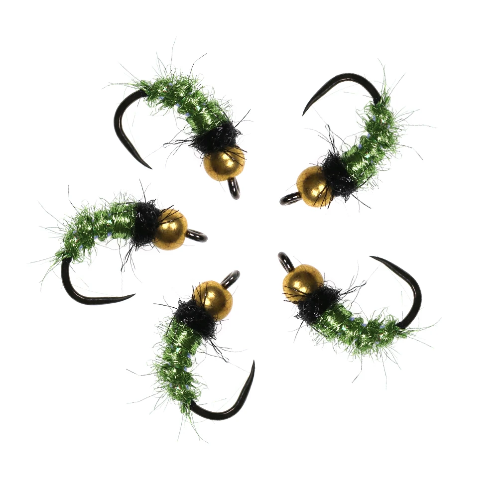 Wifreo 6PCS # Señuelo falso de pesca de ninfa húmeda, cabeza de cuentas de latón con mosca de ninfa de fibra Dub de hielo verde, 12 - imagen 5