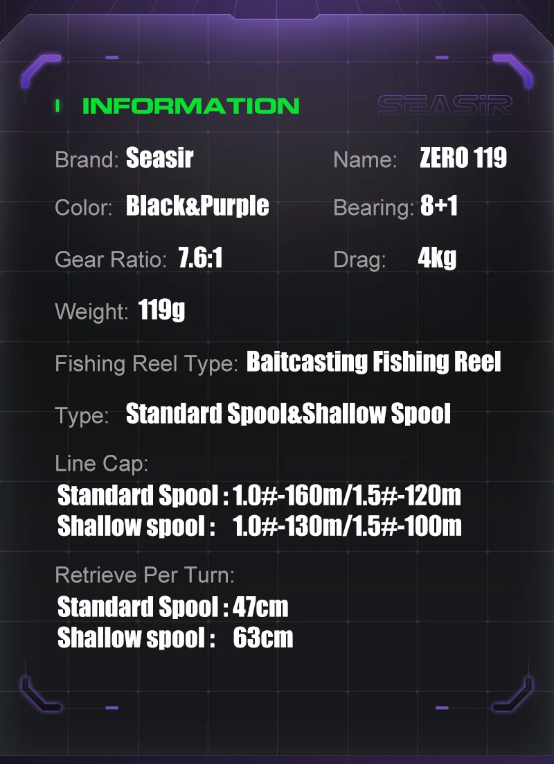 Seasir ZERO119 carrete Baitcasting fibra de carbono BFS 119g - imagen 2