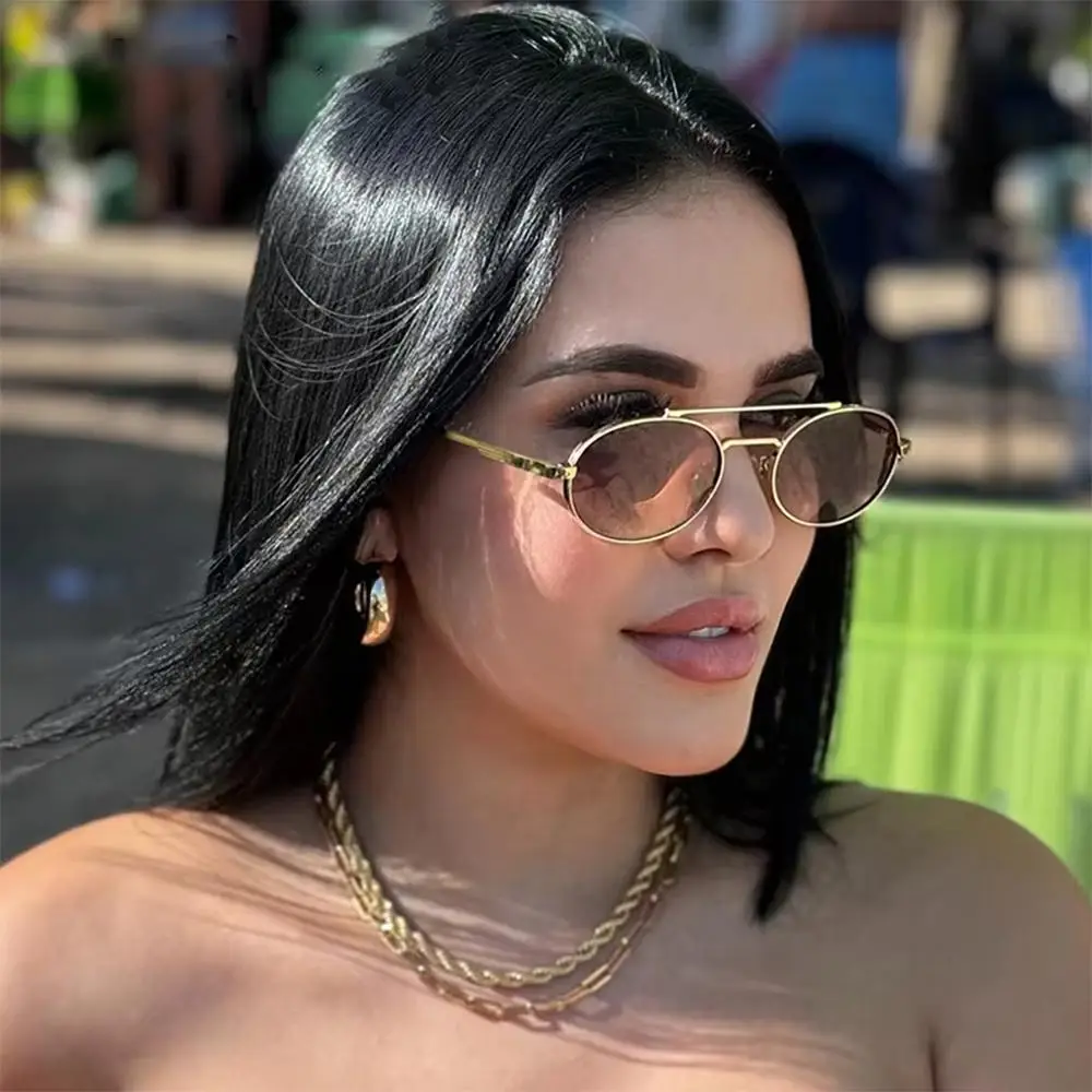 2025 Gafas de sol pequeñas Steampunk con marco de Metal, gafas Punk ovaladas, gafas de marca de lujo con doble puente para mujer - imagen 3