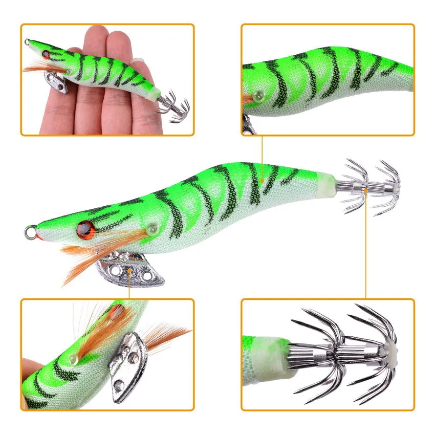 5 unids/lote pesca de madera camarones calamar luminoso pulpo señuelo ojos 3D señuelo de pesca cebo duro Wobbler calamar Jig señuelo - imagen 4