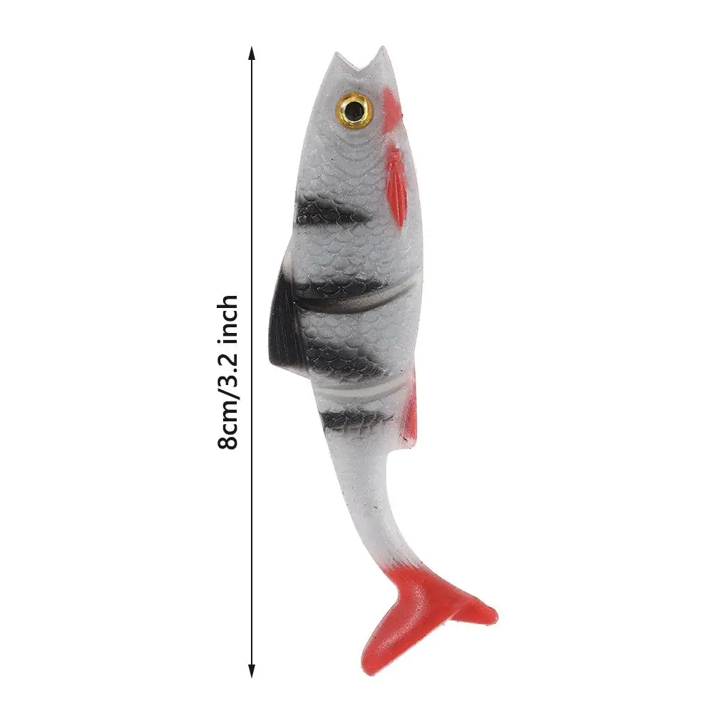 Señuelos de pesca suaves coloridos de 8cm, cola en T, ojos 3D, Swimbait Artificial de silicona, pez Artificial, cebo falso simulado, pesca en el mar - imagen 4