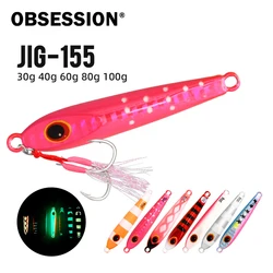 Señuelo de Pesca OBSESSION J155, 30g 40g 60g 80g 100g, Jig de Metal Duro de Hundimiento Lento, Diseño Japonés con Acabado Láser, para Pesca de Atún en Agua Salada, con Anzuelo