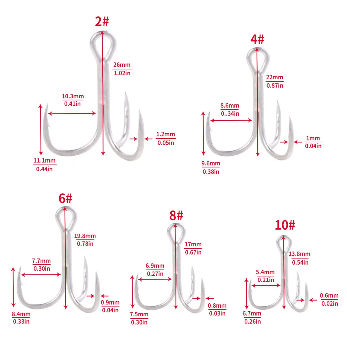 20 piezas 4 #   6 #   8 #   10 # 2 #   Anzuelo de pesca anzuelos triples de acero rico en carbono juego de anzuelos triples doblados anzuelos de anclaje para pesca en el mar