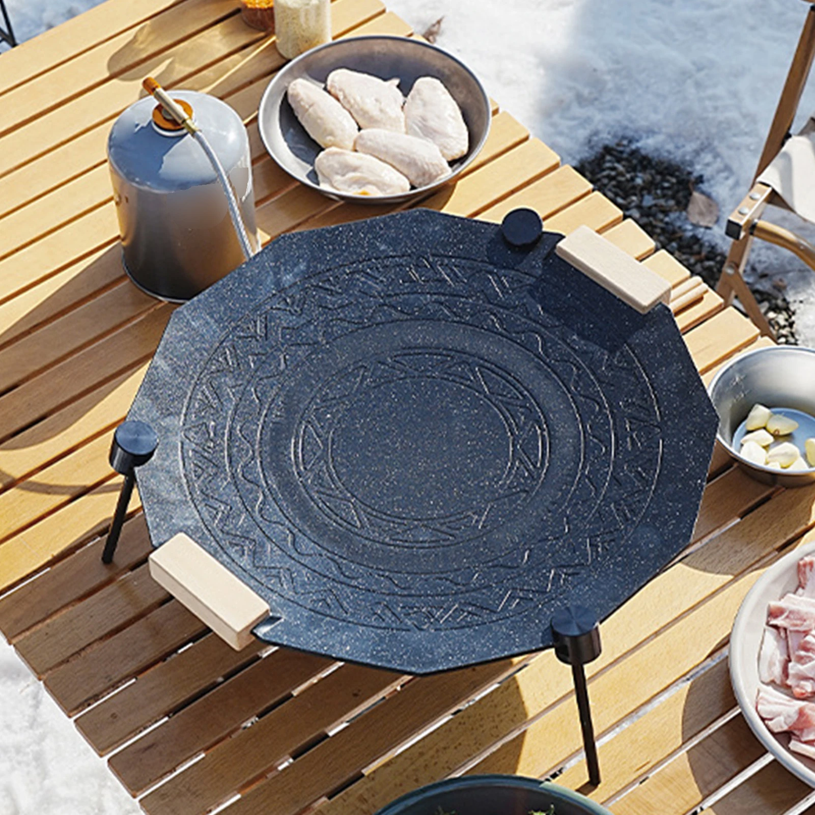 Sartén para asar al aire libre de 41CM, revestimiento grueso de 5MM, mango de piedra, compatibilidad con múltiples fuentes de fuego