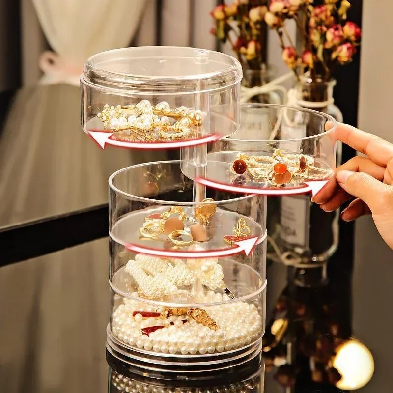 Caja de almacenamiento de joyería giratoria para estante de almacenamiento de maquillaje, pulsera, pendiente, organizador de plástico redondo, soporte de caja, estante de exhibición con cubierta - imagen 4