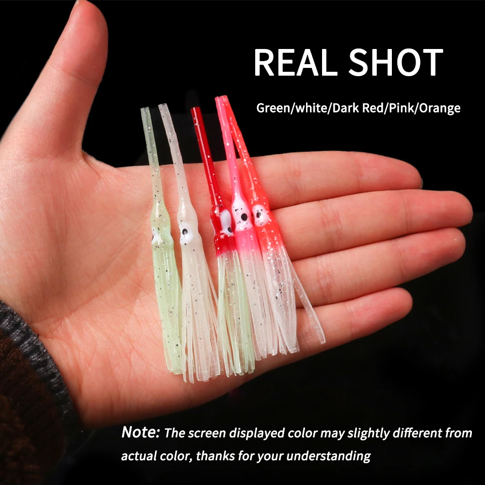 Lionriver-faldas de calamar coloridas para pesca en el mar, cebo de pulpo suave luminoso, 100 piezas, 8,5 cm de largo - imagen 5