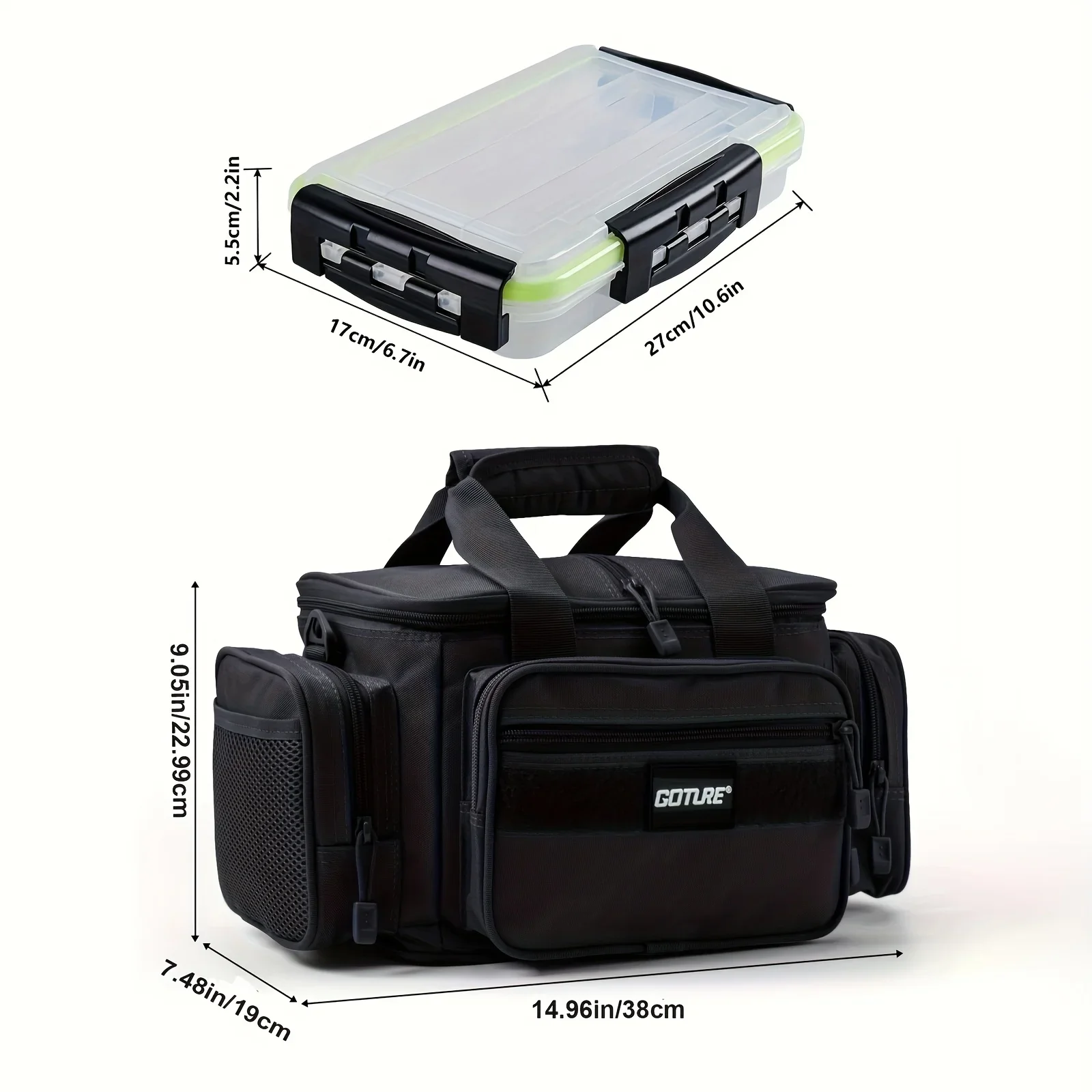 Bolsa de pesca impermeable Goture con 3 cajas de aparejos 3600, bolso de tela Oxford 600D para aparejos de pesca, bolso de hombro de almacenamiento de 38x23x19cm - imagen 3