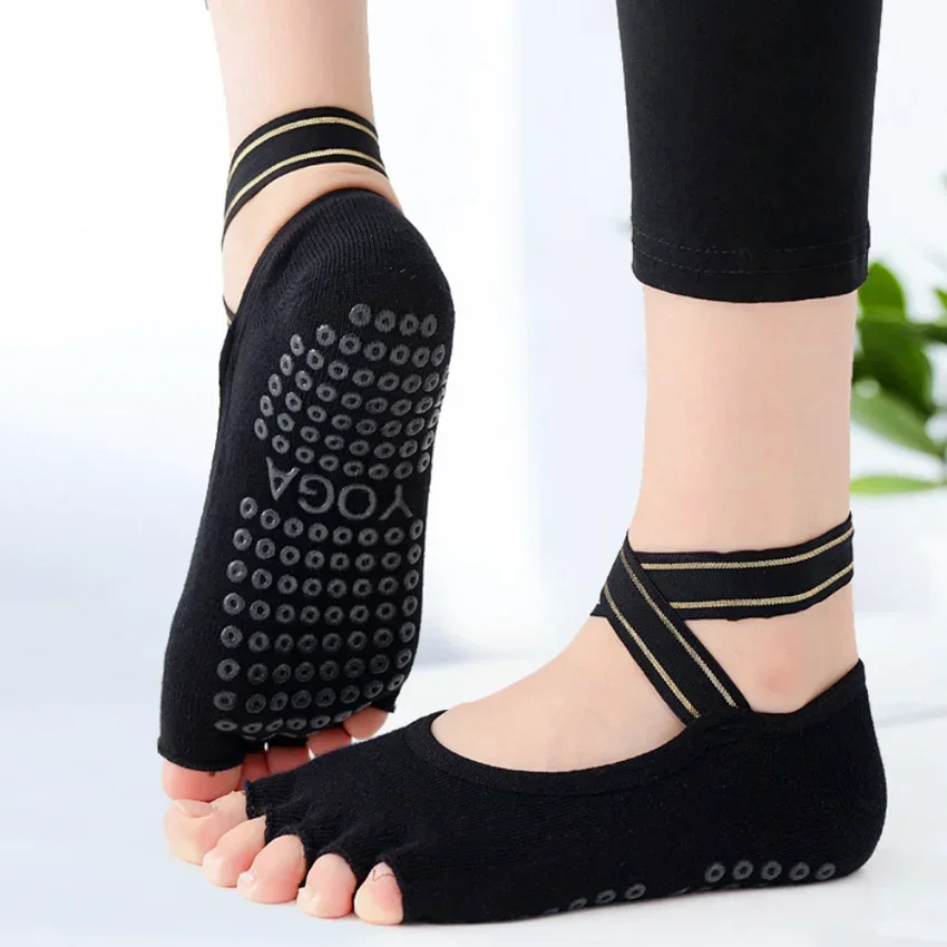 Calcetines de Yoga con correas cruzadas de cinco dedos, calcetines transpirables antideslizantes sin costuras para Ballet, danza, Pilates, Fitness, gimnasio, deporte, calcetines de medio dedo - imagen 4