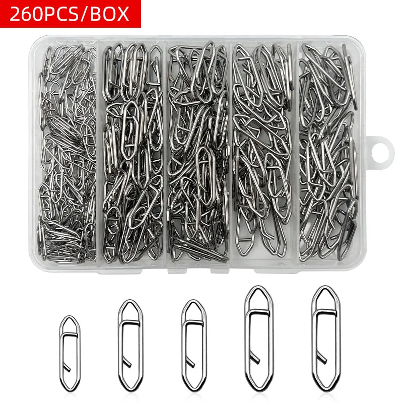 260 unids/caja tipo señuelo conector de clavija rápida anillo colgante de acero inoxidable aparejos de pesca de mar clip de papel traje plateado
