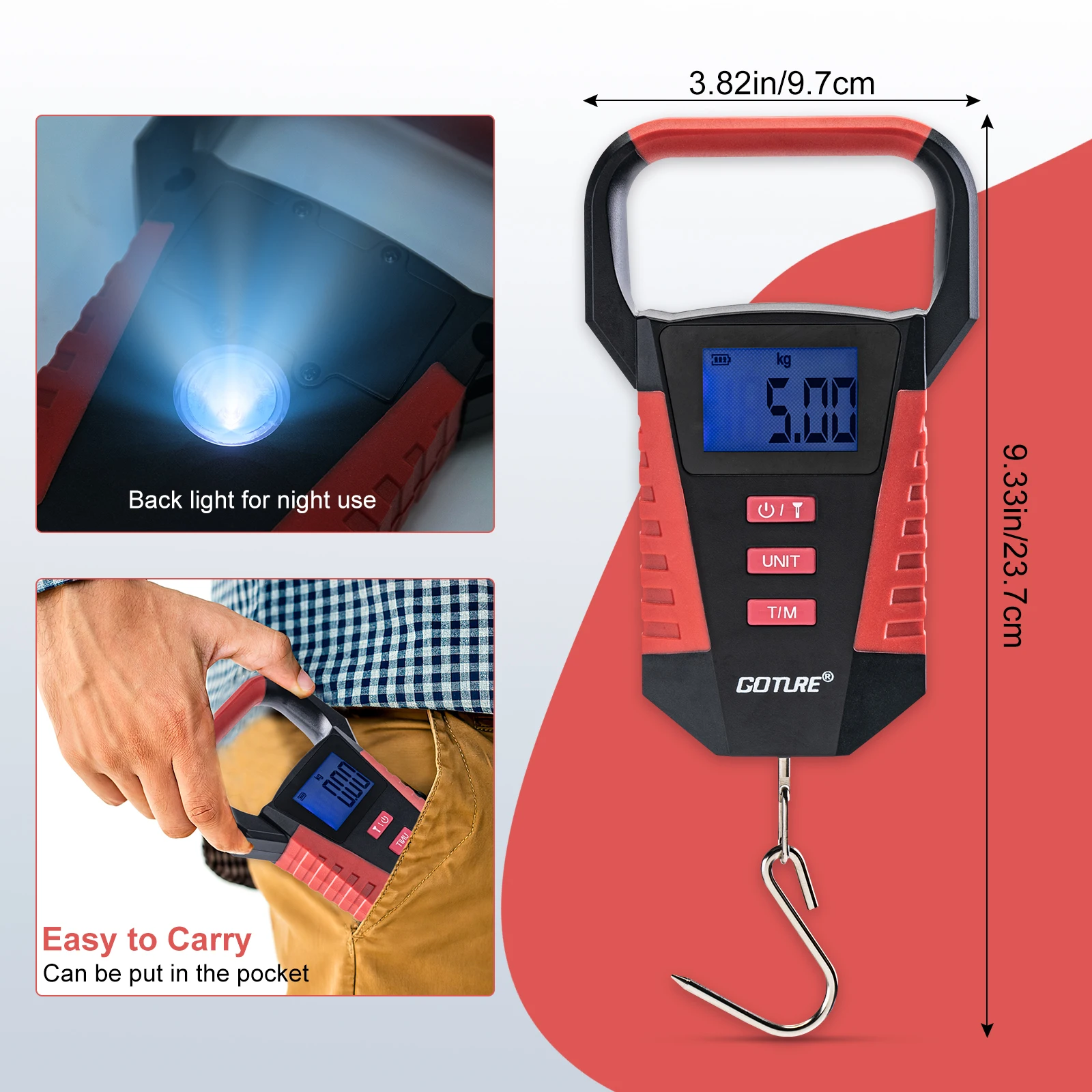 Goture-báscula de pesca portátil a prueba de agua, báscula Digital de cocina LCD, Maleta de viaje al aire libre, báscula colgante, herramientas de prueba, máximo 50kg - imagen 4