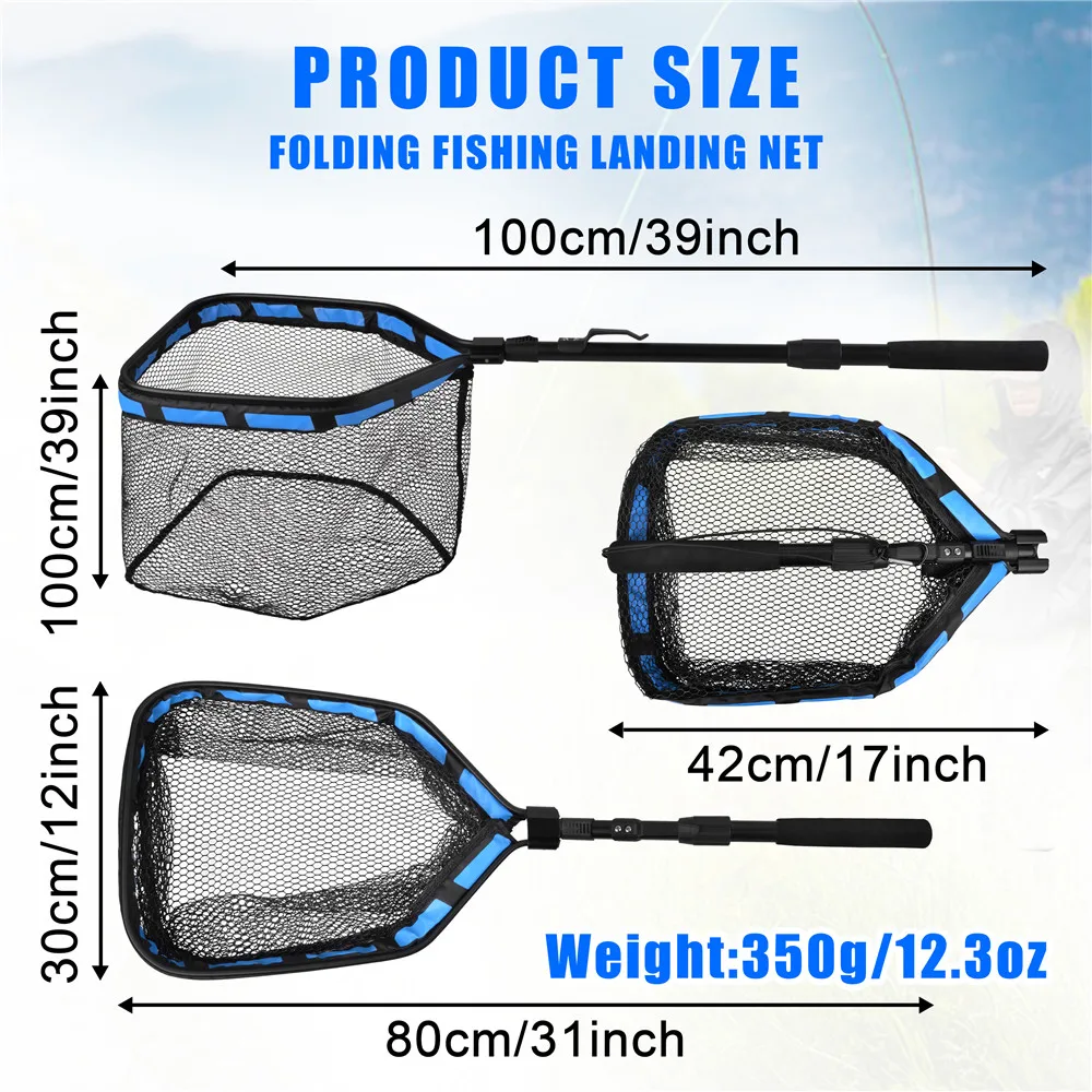Redes de aterrizaje para pesca, accesorio telescópico plegable de goma para agua salada, de mano, Mango antideslizante para herramientas de pesca con mosca, 100cm - imagen 2