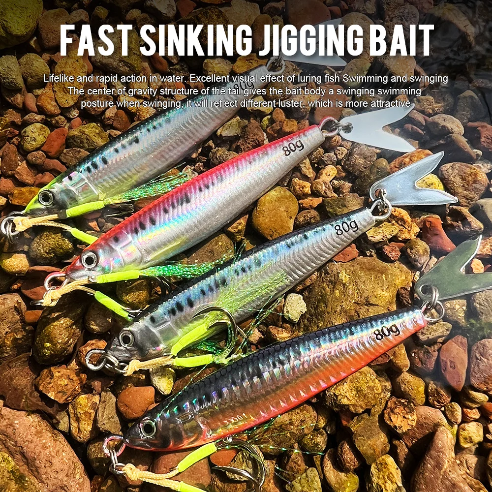 Señuelo de plantilla de Metal luminoso de hundimiento rápido, 20g, 30g, 40g, 60g, 80g, señuelo de pesca de fundición en tierra de agua salada, plantilla de Metal Vertical con ganchos, 1 ud. - imagen 5