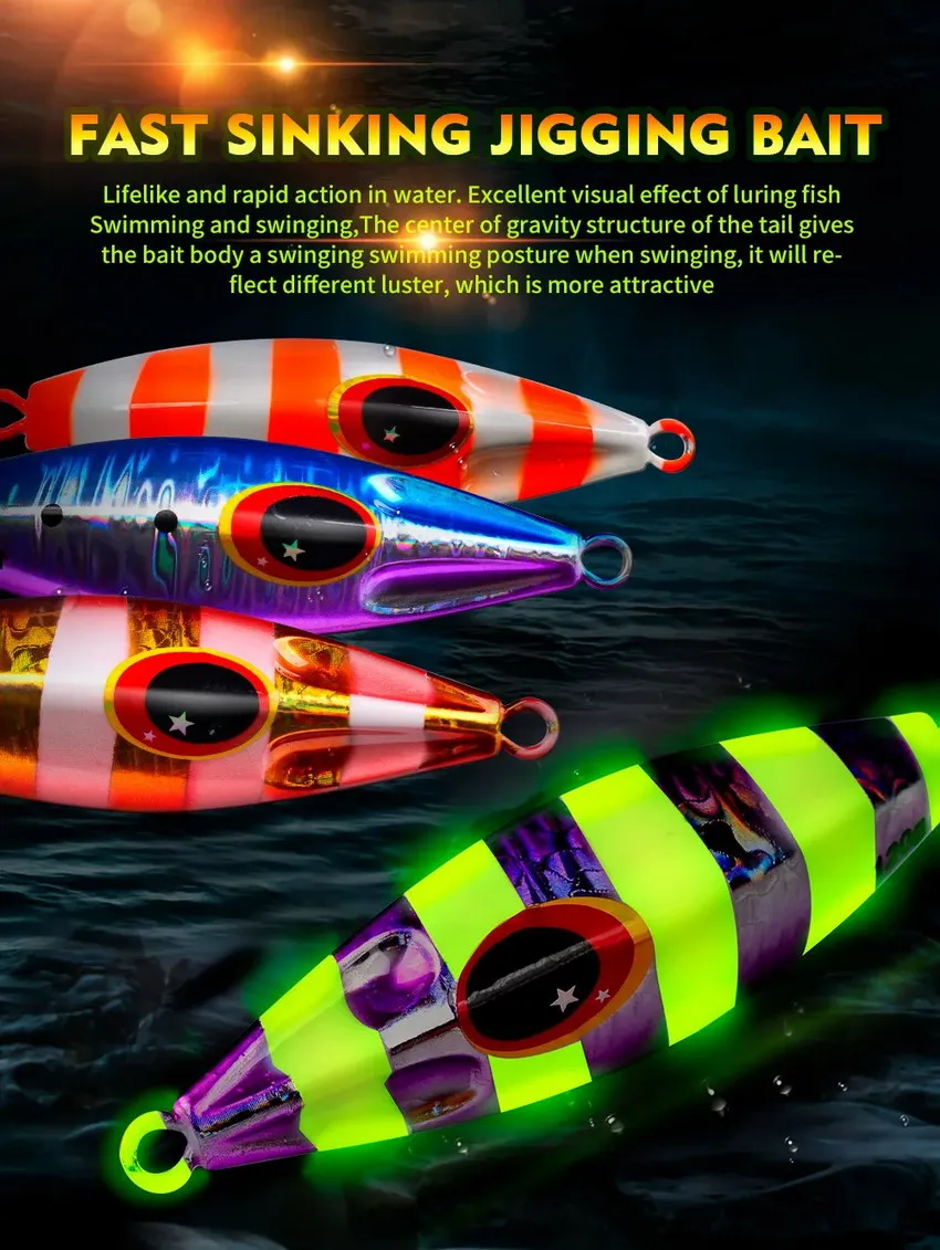 8 unids/lote plantilla de Metal señuelo de pesca pesas 30g-120g plantillas de pesca señuelos de agua salada lubina Isca Artificial pez falso brillo holográfico - imagen 4