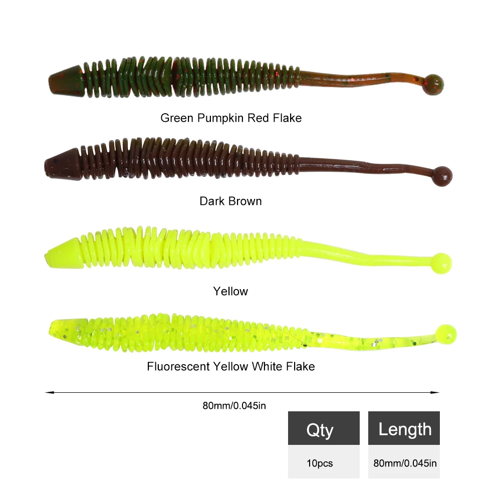 Señuelos de plástico suave para pesca, cebo de silicona de 80mm, de gusano loco, para agua dulce, Texas Rig Bass Walleye Catfish Crappie, 10 piezas - imagen 3