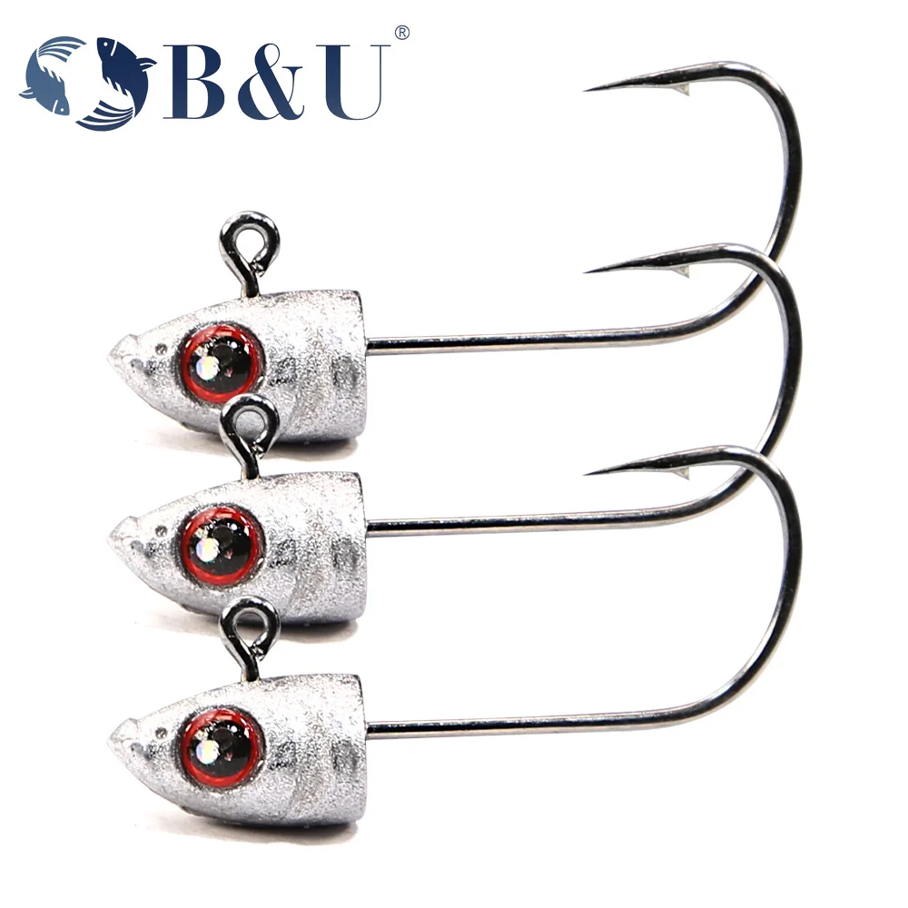 Anzuelos de pesca B & U, anzuelo con cabeza de anzuelo, anzuelos afilados, cebo suave, anzuelos de púas de gusano, aparejos de pesca, señuelo duro