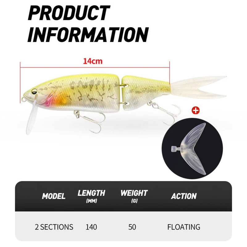 Señuelo de Pesca Testar de dos secciones, cebo duro Artificial, 140mm, 50g, cebo flotante articulado, depredador, Wobblers, pececillo, Lucio, atún, Pesca - imagen 2
