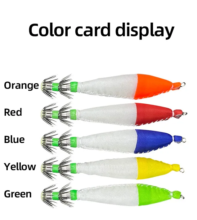 Señuelos de pesca en forma de calamar colorido en rojo anaranjado vibrante, azul, amarillo y verde