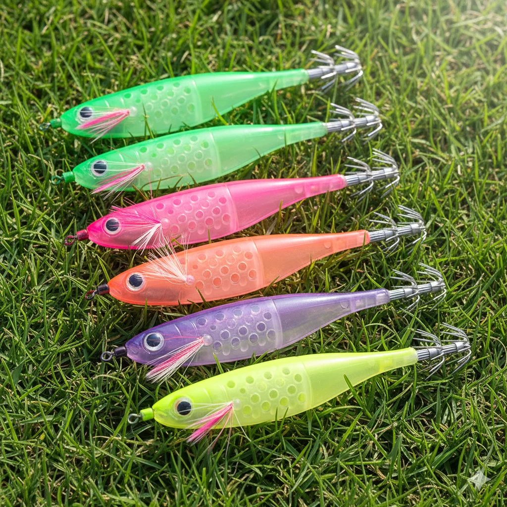 Plantilla de calamar luminosa para Pesca, 10g, 12cm, señuelos tipo Gamba de madera, 6 colores, cebo Artificial, pulpo, sepia, anzuelo de Pesca de agua salada, 1 ud.