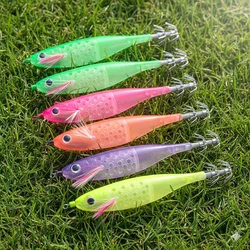 Plantilla de calamar luminosa para Pesca, 10g, 12cm, señuelos tipo Gamba de madera, 6 colores, cebo Artificial, pulpo, sepia, anzuelo de Pesca de agua salada, 1 ud.