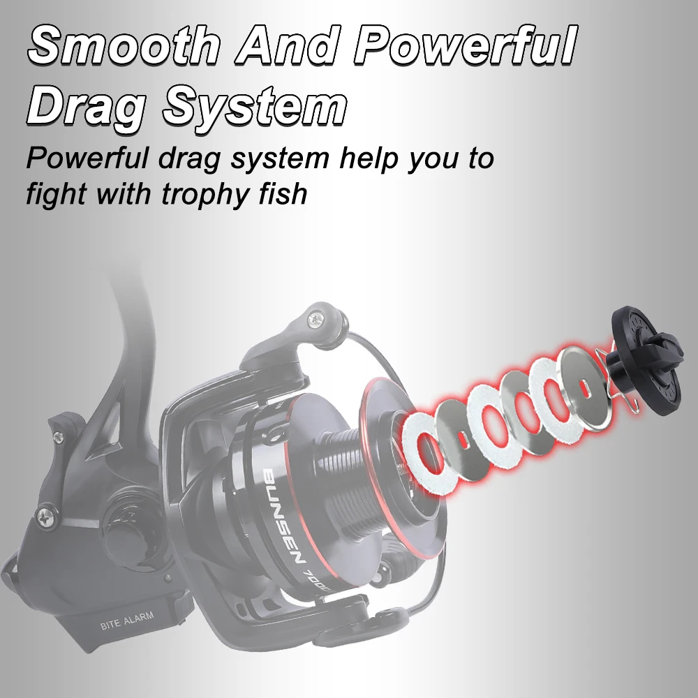 Carrete de pesca giratorio MIFINE BUNSEN con indicación de alarma de picadura de pescado, arrastre Daul frontal trasero, 10KG, 6 + 1BB, 4,7:1, 6000, 7000, pesca de carpa - imagen 4