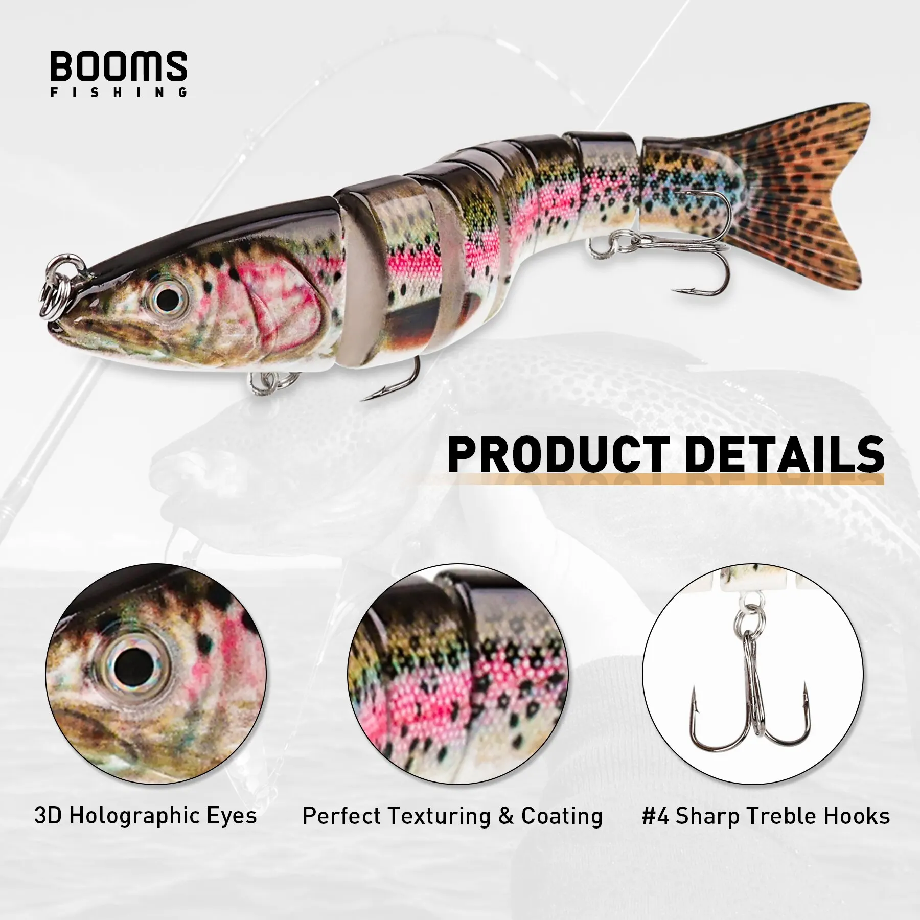 Booms Fishing MJ2 Señuelos duros 10cm 29g Swimbait 7 segmentos anzuelo de cebo Artificial Wobblers multiarticulados para Lucio Trolling Crankbait - imagen 3