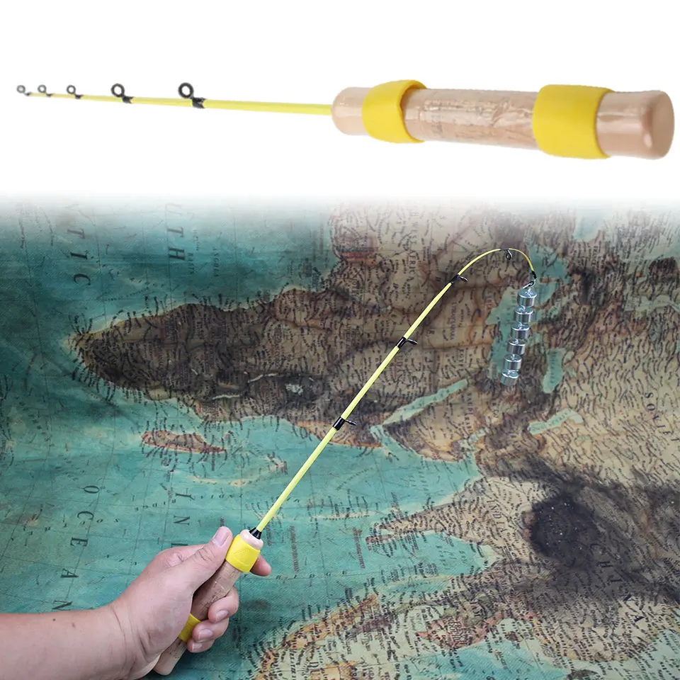 Caña de pescar en hielo amarilla portátil, fibra de carbono de 55 cm con mango similar a la madera y punta sensible, control preciso para lagos congelados - imagen 5