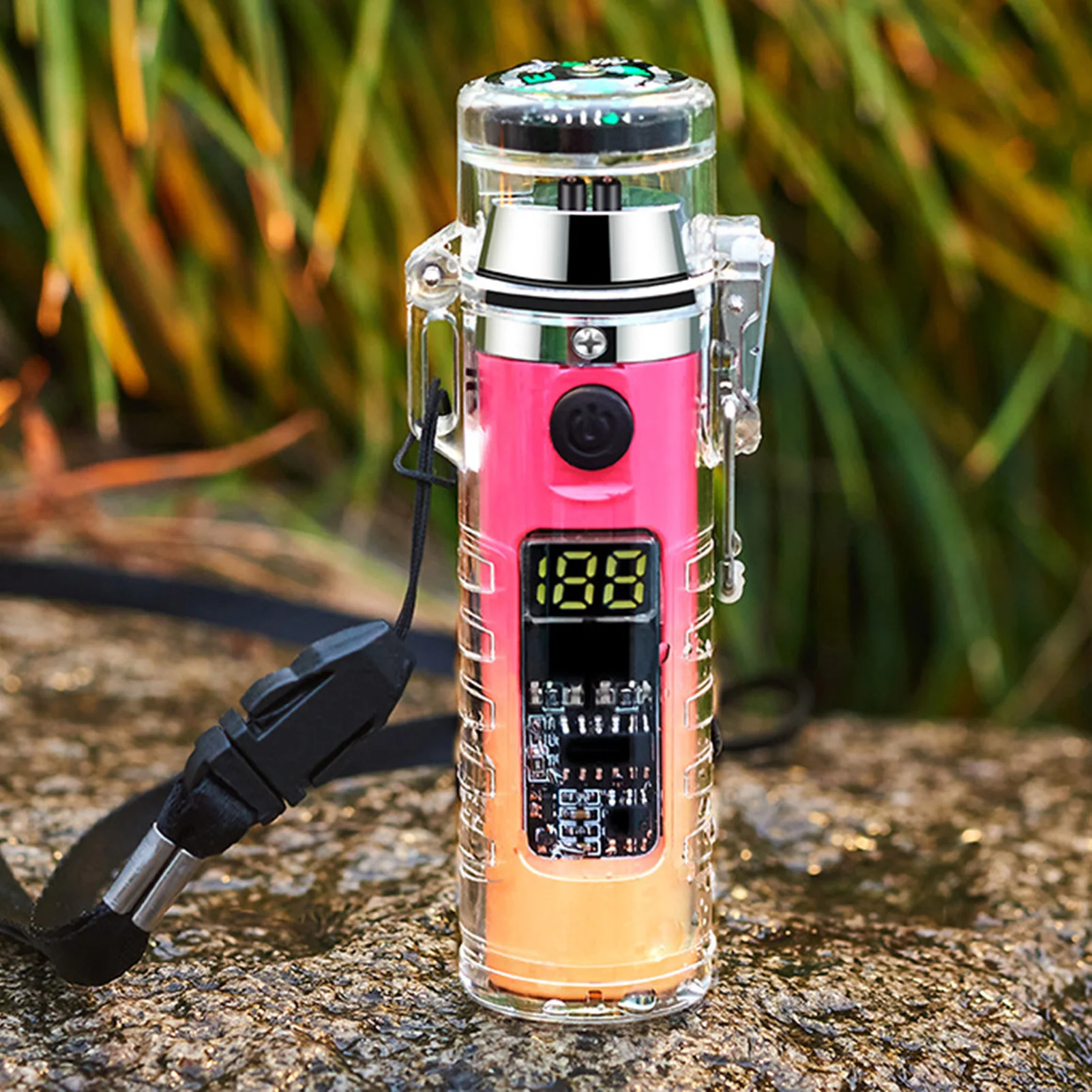 Un reloj digital rosa y plateado con una banda negra