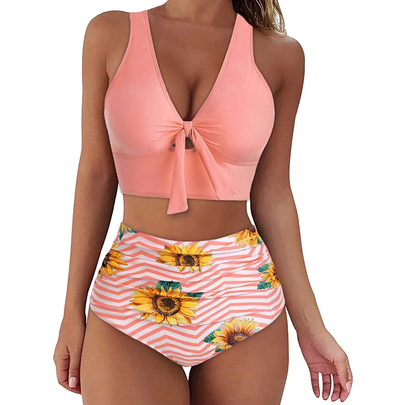 Conjunto de Bikini con estampado Floral para mujer, traje de baño de dos piezas con nudo ajustable, cintura alta, espalda cruzada, cuello en V profundo, novedad de 2022 - imagen 3