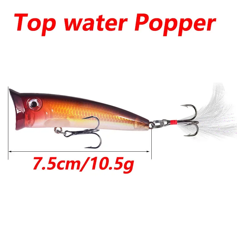 Señuelo de pesca Popper Topwater, 7,5 cm, 10,5g, Wobblers de plástico, cebo duro Artificial con ganchos para aparejos de pesca de Lucio, 1 ud. - imagen 3