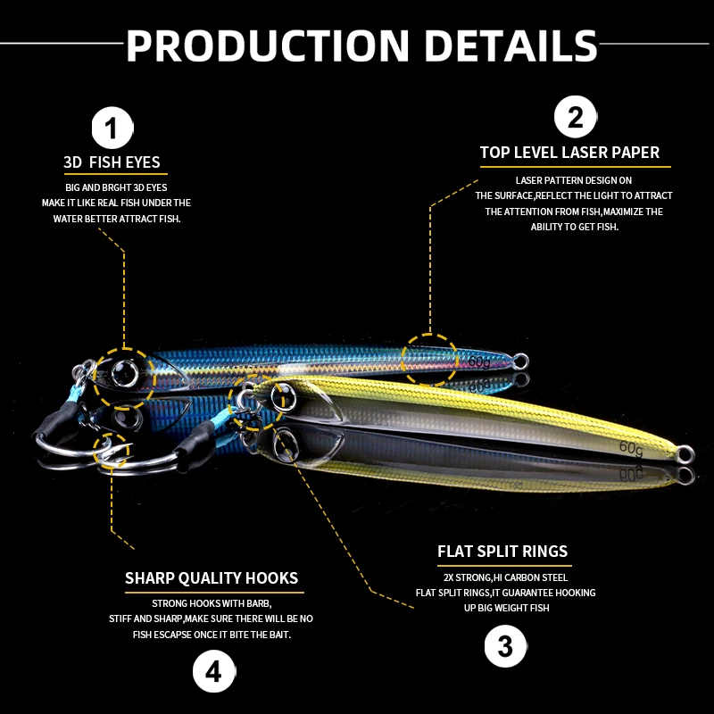 Jig de Metal para trabajo mágico, productos de pesca, plantilla de señuelo de pesca de mar, 30g, 45g, 60g, plantillas para pesca de lubina, trucha, aparejos de cebo Artificial - imagen 5