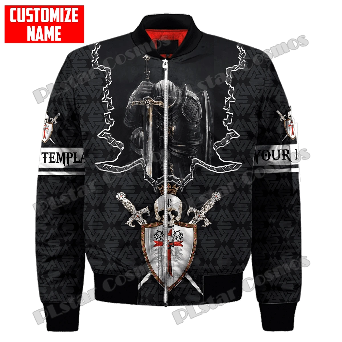 Chaqueta Bomber de invierno para hombre, abrigo con cremallera y bolsillo grueso con estampado 3D de Caballero Templario León, chaqueta cálida informal Unisex con cremallera, FX-14 - imagen 3