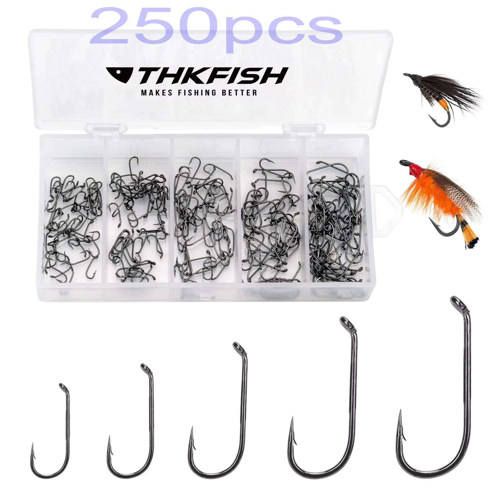 THKFISH 250 Uds Kit de anzuelos de pesca con mosca Mini vástago juego de anzuelos de atado de moscas secas 22 #   20 #   18 #   16 #   14 #   Gancho de púas con plantilla para serpentina ninfa