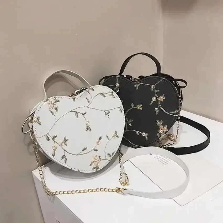 Bolsos redondos de corazón de encaje para mujer, bandolera de cuero de PU, bolso cruzado en forma de corazón para primavera y verano - imagen 3
