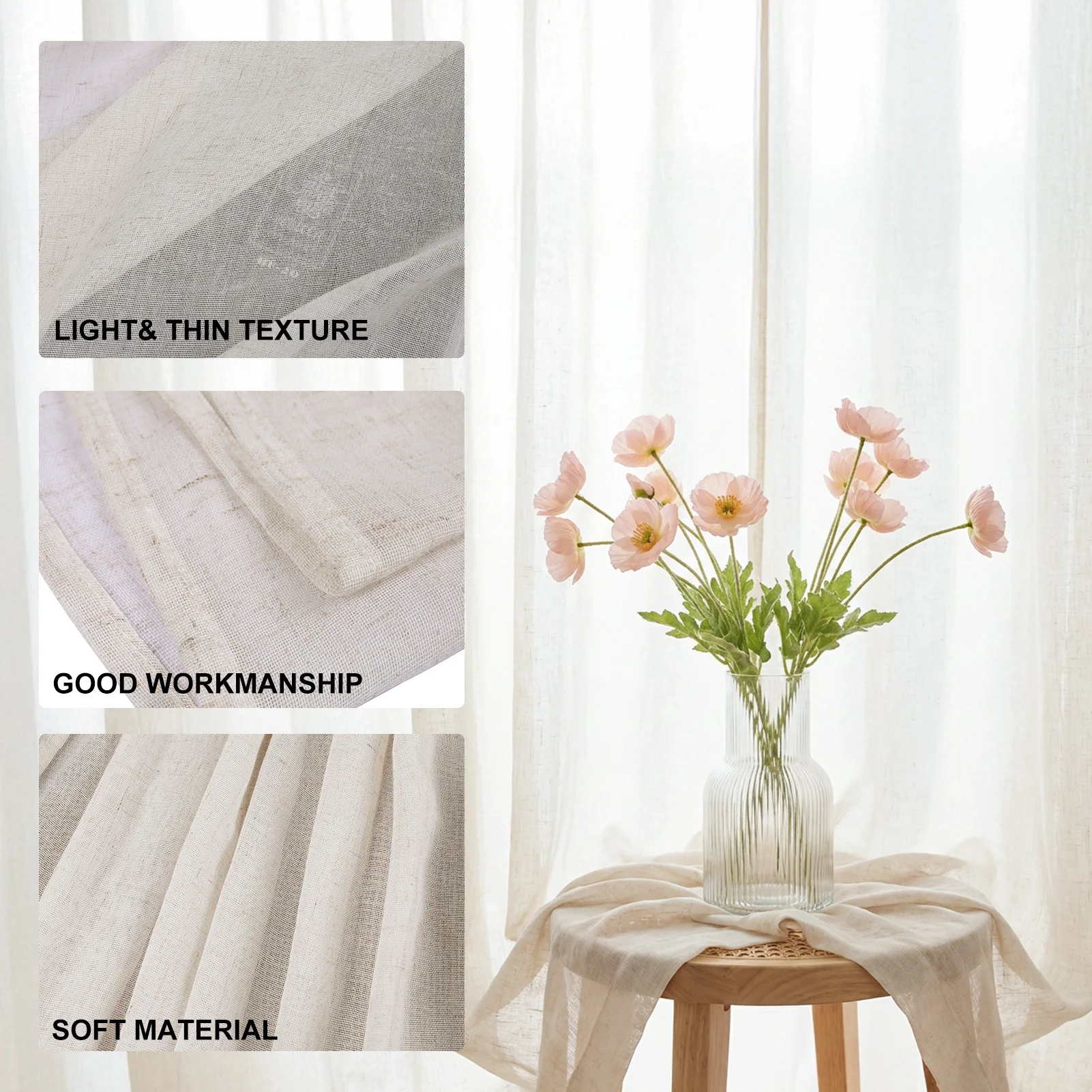 Cortinas Lino Natural Transparentes Beige - Paneles Salon Dormitorio Filtro Luz - imagen 3