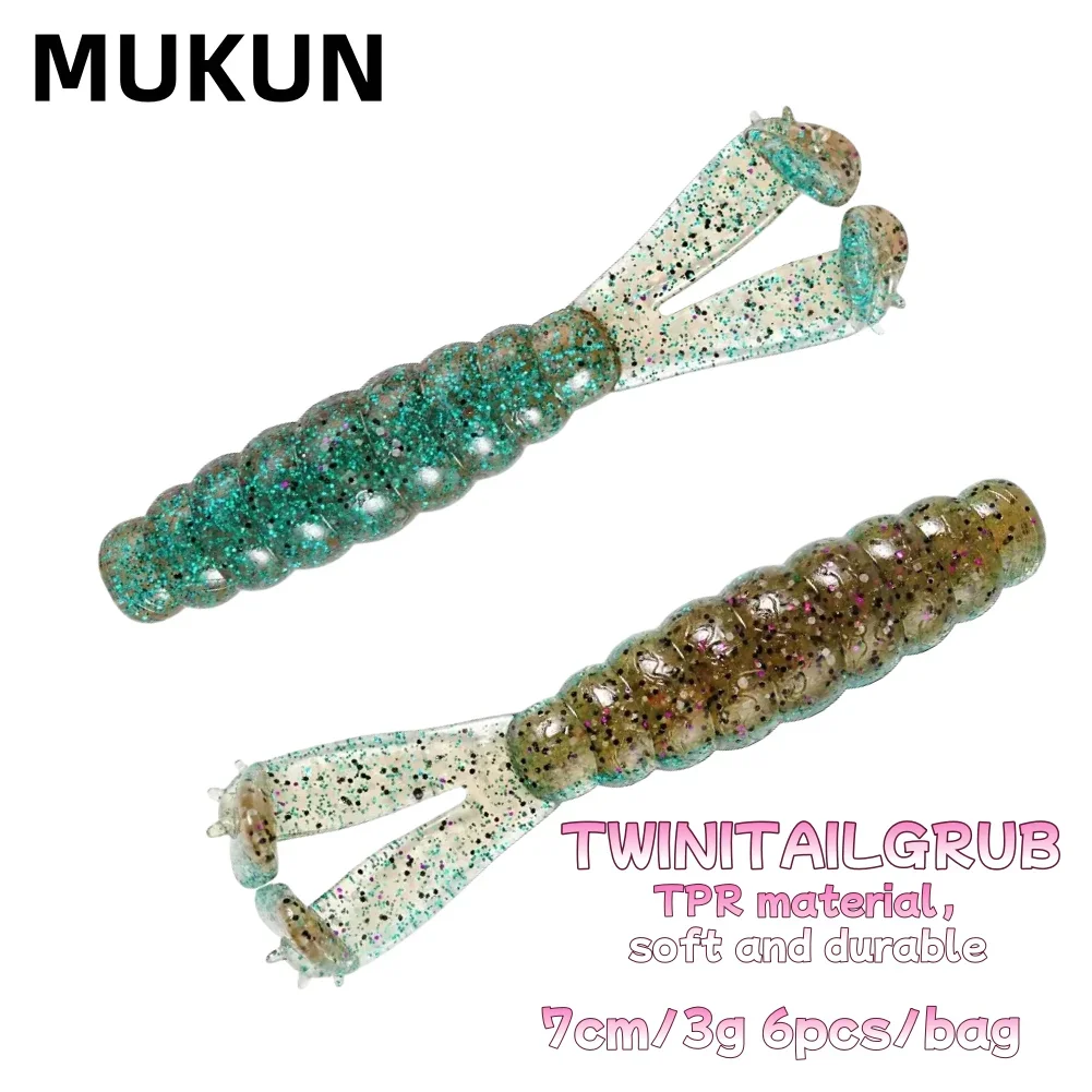 MUKUN 6 uds 7cm 3g TPE dos colas en T cebo suave señuelo de pesca 6 uds cebo de gusano Artificial Wobblers Swim Ned Rig - imagen 2