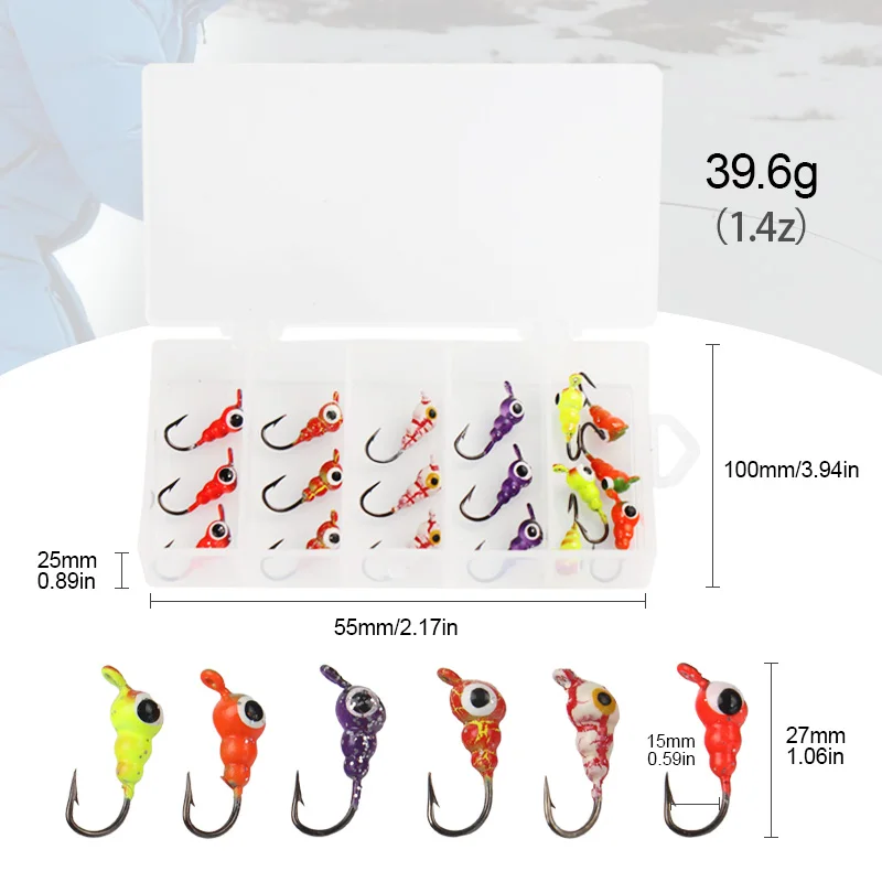 JSFUN 18 Uds. Señuelos de pesca, plantillas de pesca en hielo, equipo de pesca en hielo luminoso, plantillas tipo tipo bala, anzuelos para cabeza para invierno, señuelo de Jigging en hielo - imagen 2